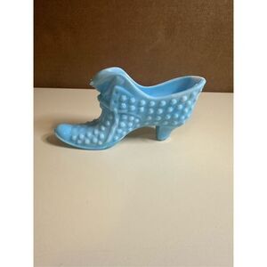 Vintage FENTON Hobnail Blue/White Glass Cat Head Slipper Shoe Retro